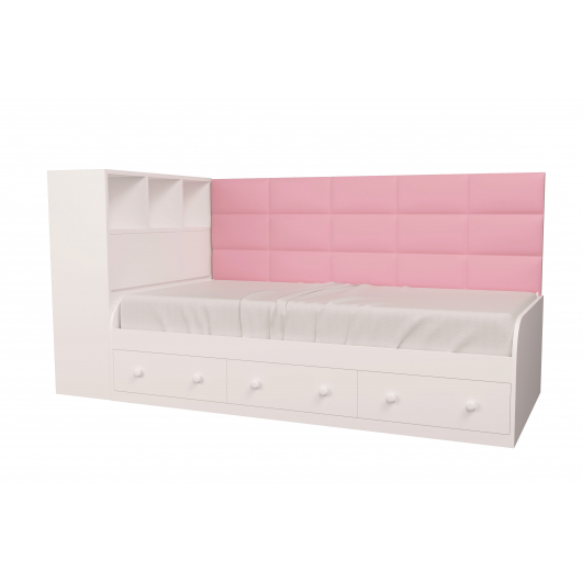 Кровать подростковая Элли Белая Розовая с 3 ящиками 90х190 с мягкой спинкой и коробом