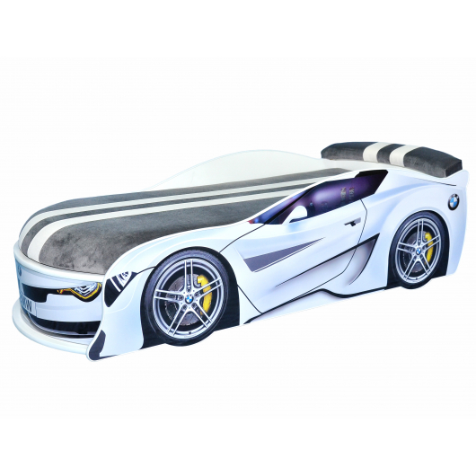 Кровать машина BMW Turbo белая 70х150 ДСП без подъемного механизма матрас Спорт темно-серый