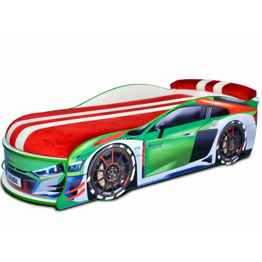 Кровать машина Audi Turbo зеленая 70х150 ДСП без подъемного механизма матрас Спорт красный