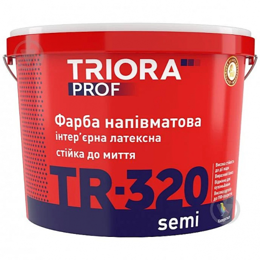 Фарба інтер'єрна напівматова латексна вологостійка Triora TR-320 semi, біла, 3 л.